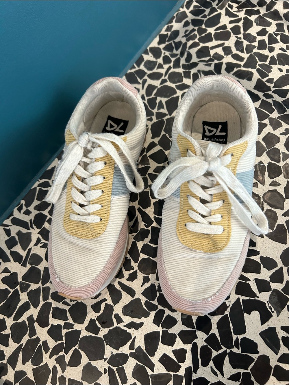 Dirty Laundry White Sneakers with Pastel Yellow, Blue and Pink Accents